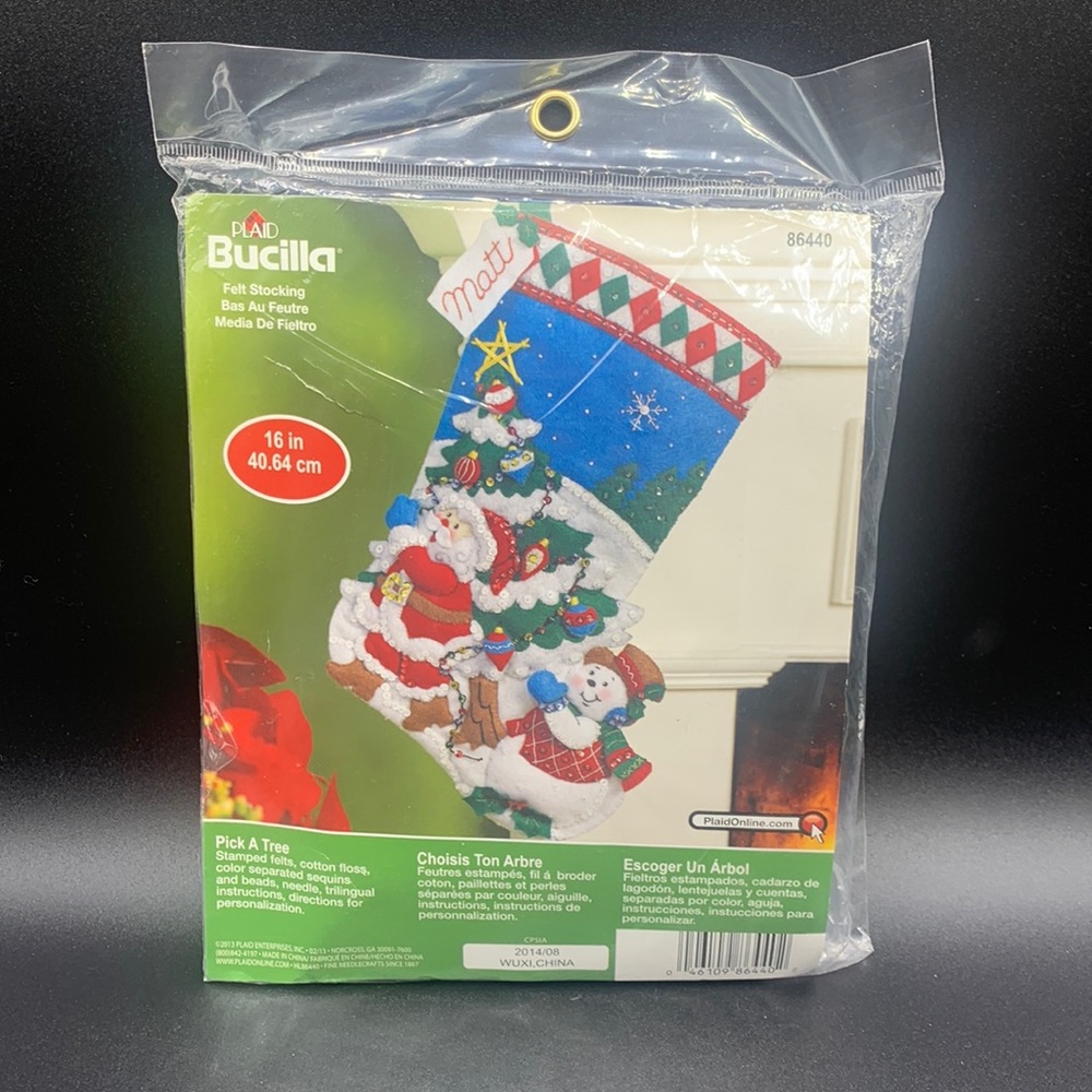 Plaid Bucilla Pick A Tree Felt Stocking #86440 Santa Snowman Sequins